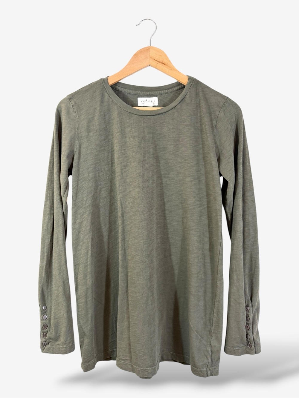 Velvet Graham & Spencer Long Sleeve Knit Top Size M Button Cuff Olive Green